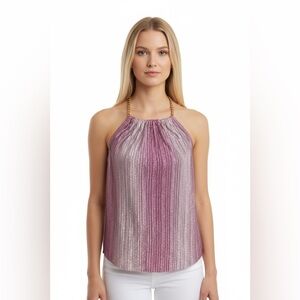 ESPRESSO Pink Metallic Lurex Halter Top Gold Chain Straps Size Large NWT